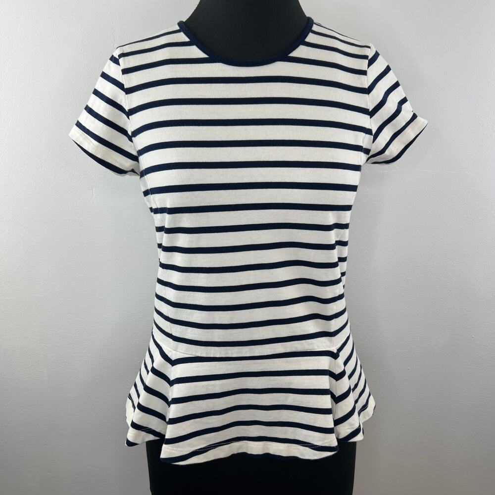 Lauren Ralph Lauren Blue White Stripe Crew Short Sleeve Peplum Blouse Cotton S